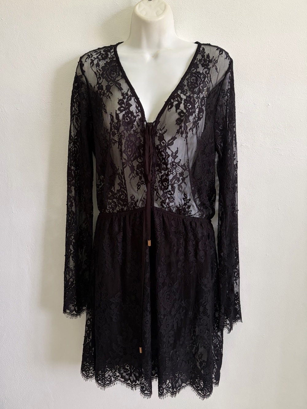 Boho Black Lace Long Sleeve Dress Medium